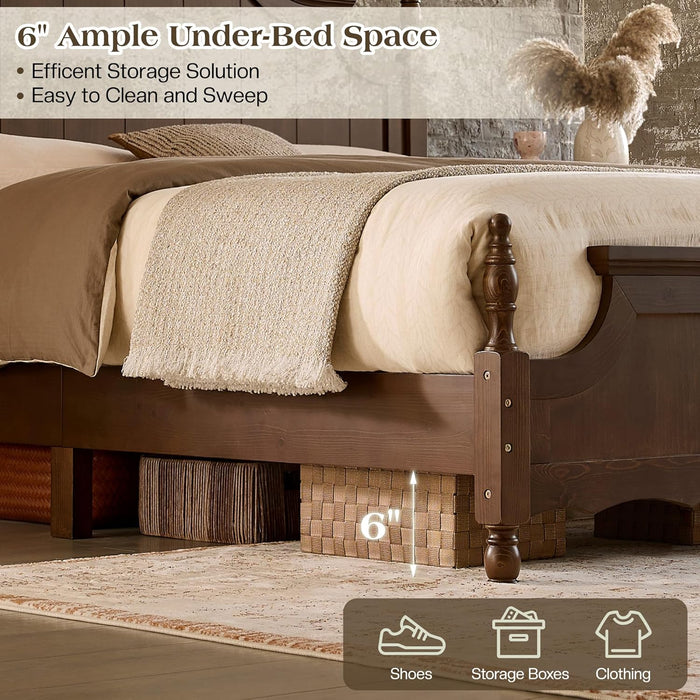 California King Solid Wood Bed Frame with 55" Arched Headboard, Traditional Poster Bed with 12 Wooden Slat Base, No Box Spring Needed/Noise Free& Non Slip/Easy Assembly, Dark Walnut