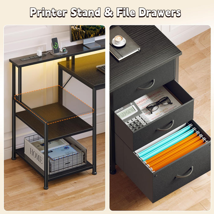 55" Computer Desk with File Drawer, Printer Space, Dark Black