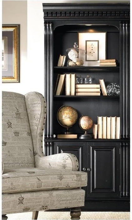 Traditional 3 Shelf Bookcase with One Canister Light Controlled in Black with Reddish Brown Rub Though