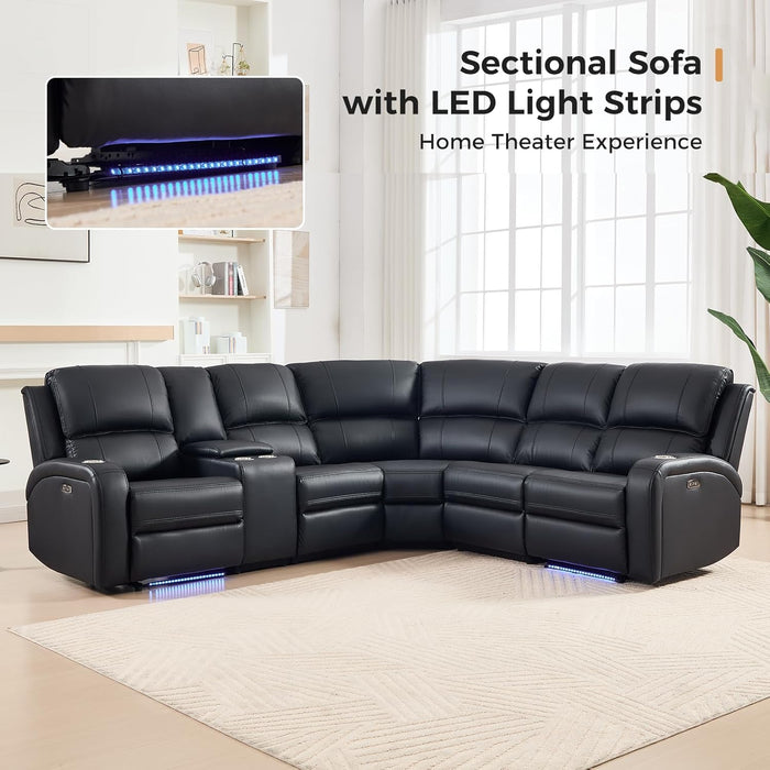 Power Reclining Sectional Sofa with LED Light, Faux Leather Sectional Couch for Living Room, Modern Corner Furniture Sets with 2 Recliner Seats, Cup Holders, Storage Console, Black