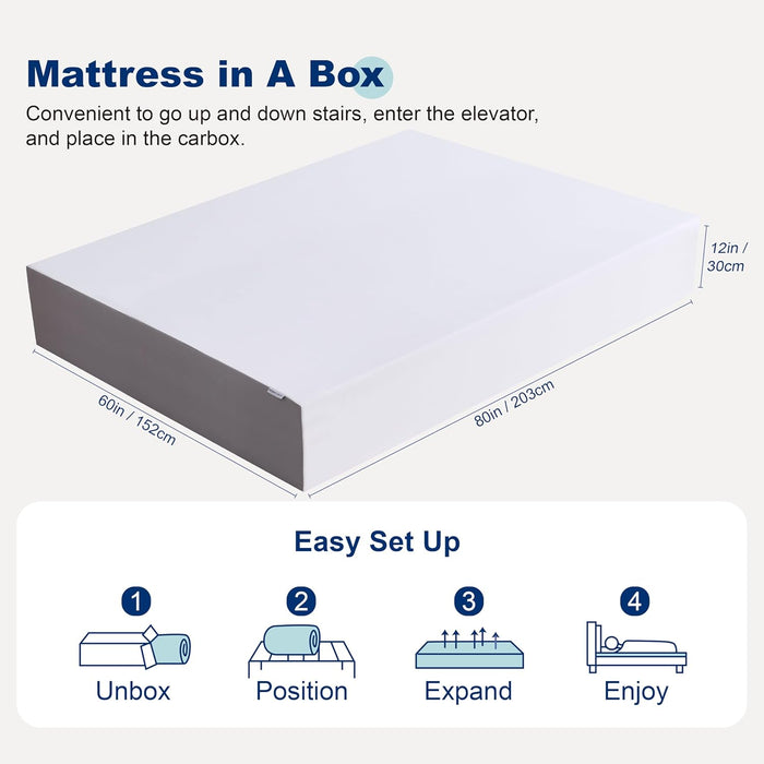 Memory Foam Mattress, Medium Firm, 12 Inch, Queen, White/Grey