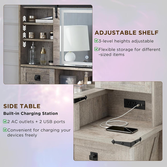 48'' Farmhouse Makeup Vanity Desk with Sliding HD Mirror and Lights, Big Modern Lighted Vanity Table with 7 Drawers & Shelves, Rustic Large Dressing Table for Bedroom, Light Rustic Oak