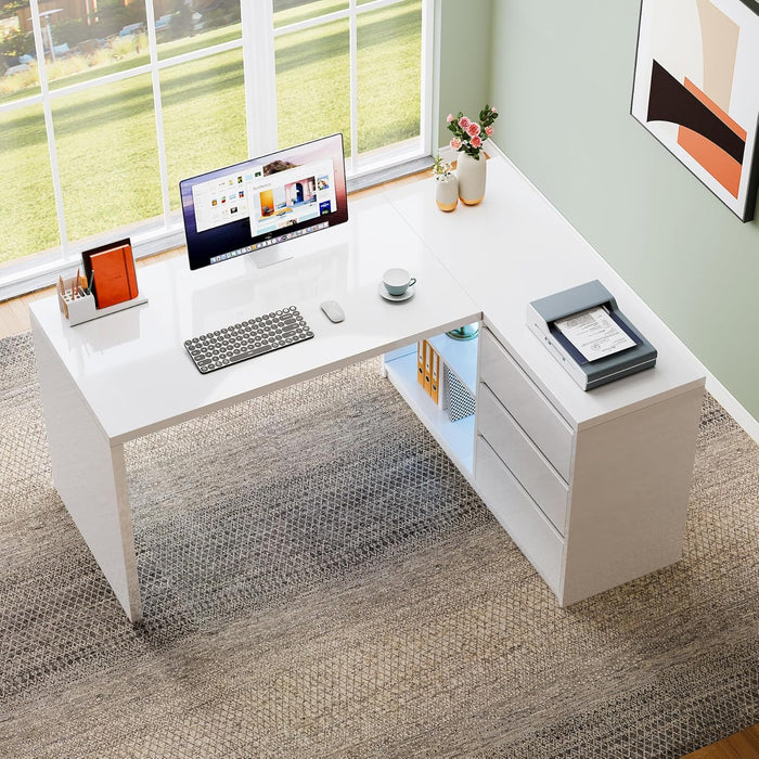 White L-Shaped Computer Desk with 3 Drawers, 55-Inch Modern Gloss Corner Home Office Executive Desk with LED Lights and 2 Storage Shelves for Work Study Writing