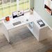 White L-Shaped Computer Desk with 3 Drawers, 55-Inch Modern Gloss Corner Home Office Executive Desk with LED Lights and 2 Storage Shelves for Work Study Writing