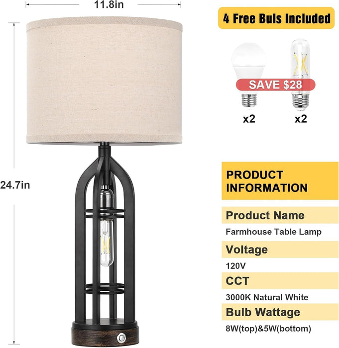 Table Lamps for Living Room - Black Bedside Lamp for Bedroom with USB C+A & Outlet, Farmhouse Lamps for Night Stands, 3-Way Dimmable Touch Lamps for Living Room with Oat Shade(Single)