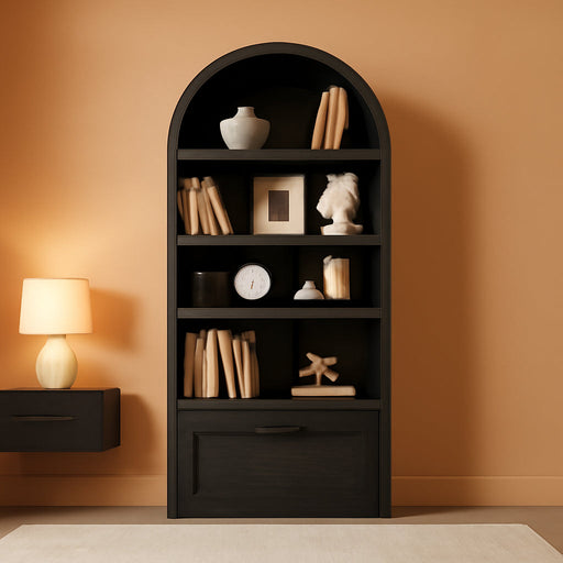 76.6" Arched Bookshelf with Rolling Storage Bench, Wood Tall Arch Bookcase | 5-Tier with Bookshelf Riser, Multi-Functional Display Cabinet, Bookshelf with Storage for Living Room, Entryway