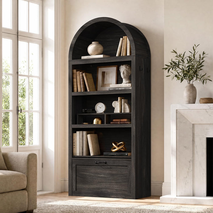 76.6" Arched Bookshelf with Rolling Storage Bench, Wood Tall Arch Bookcase | 5-Tier with Bookshelf Riser, Multi-Functional Display Cabinet, Bookshelf with Storage for Living Room, Entryway