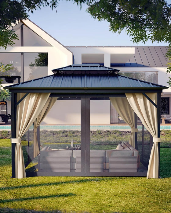 10 Ft X12 Ft Hardtop Gazebo for All Weather, with Double Metal Roof, Aluminum Alloy Frame, Net, and Curtain, Permanent Building for Patio, Deck, Backyard, Lawn, and Garden