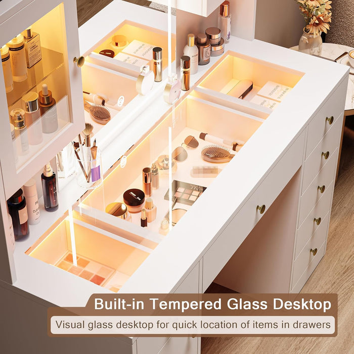 Makeup Vanity Desk with Mirror & LED Lights, Large Glass Top Vanity Table with 7 Drawers & 3 Cabinets, Modern Dressing Table with Charging Station & RGB Lights for Bedroom, White