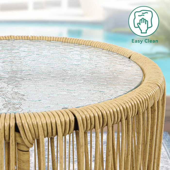 3-Piece Outdoor Patio Furniture Wicker Bistro Set, All-Weather Rattan Conversation Chairs for Backyard, Balcony and Deck with Soft Cushions, Glass Side Table (Light Brown+Navy Blue)