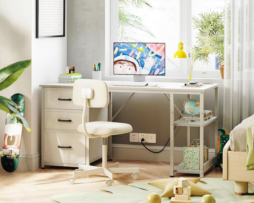 51 Inch Computer Desk with Fabric Drawers & USB Power Outlets- Reversible Home Office Desk with Storage Shelves, Work from Home, Modern Work/Writing/Study Table for Bedroom, White