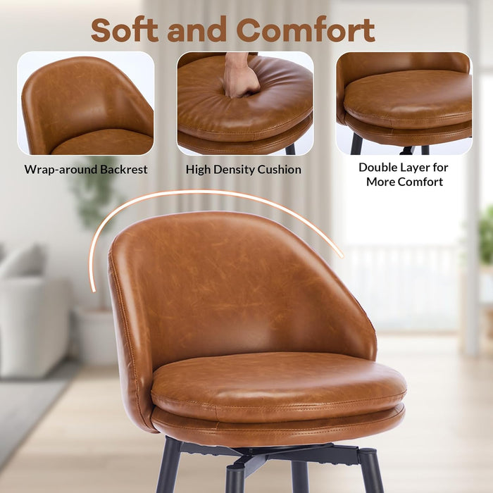 Counter Height Bar Stools Set of 2, 26 Inch Swivel Barstools with Back and Metal Legs for Kitchen Counter, Modern Upholstered Stools Island Chairs, Brown PU Leather