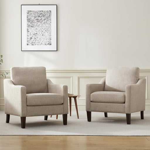 Brown Upholstered Armchairs With Polished Wooden Legs