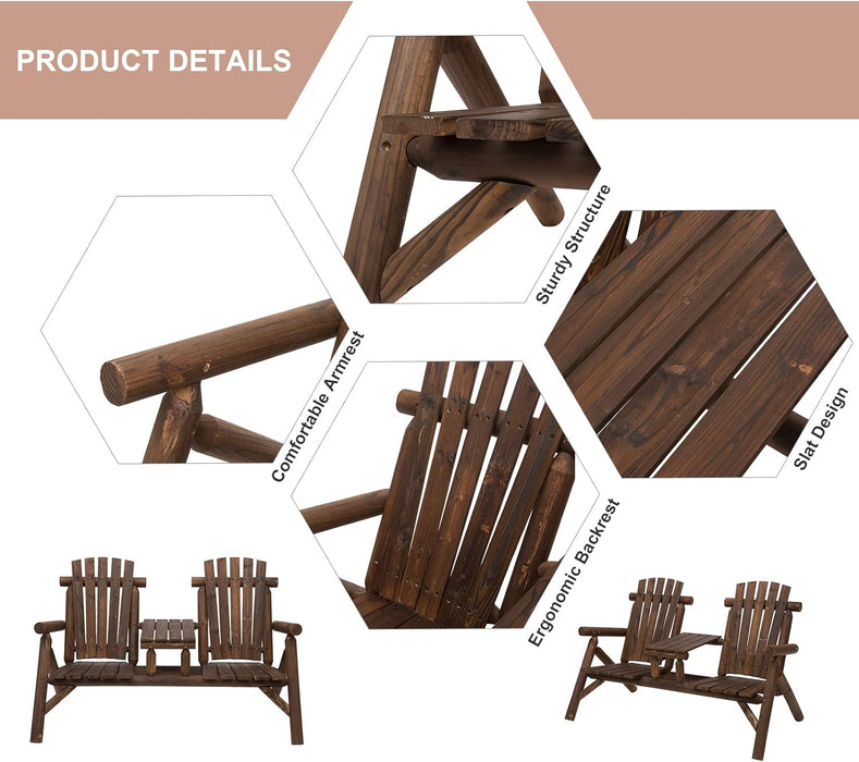 2-Seat Wooden Adirondack Chair, Patio Bench with Table, Outdoor Loveseat Fire Pit Chair for Porch, Backyard, Deck, Carbonized