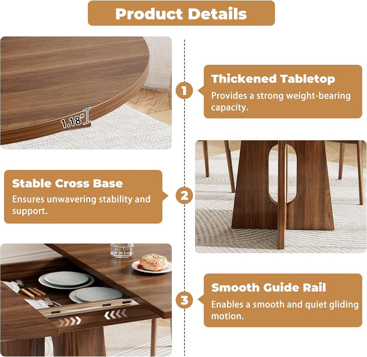 59-Inch Extendable Dining Table, Kitchen Table for 4-6 People | Farmhouse Wood Space-Saving Expandable Dinner Table, round to Oval Pedestal Dining Table, Dark Brown Walnut