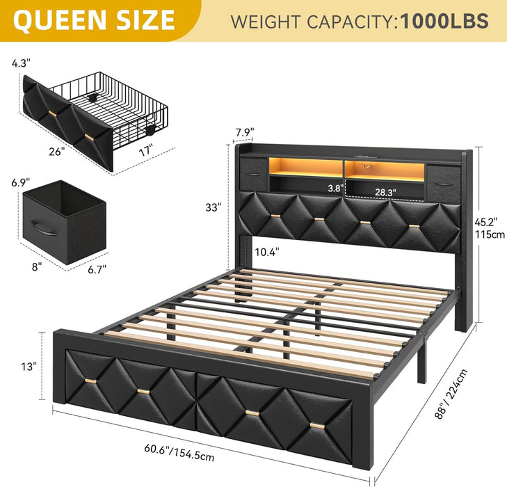 Queen Size Bed Frame with 2 Storage Drawers and Storage Headboard, Upholstered Platform with Charging Station and LED Light, No Box Spring Needed, Noise Free, Easy Assembly, PU Leather Black