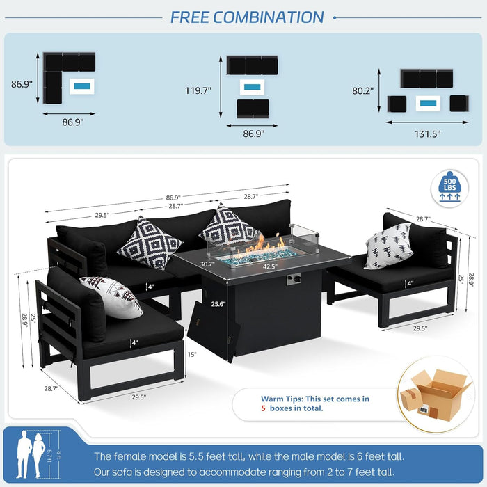 ® Modern Large Grey Aluminum Outdoor Patio Furniture Set with Fire Pit Table, 29'' Deep Wide Seating Conversation Sofa L Shaped Sectional Couch Set (6 Pieces, 5 Seats)