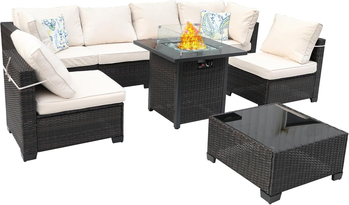 8 Pieces Wicker Patio Furniture Set with Fire Pit Table (Brown/Beige), Perfect for Outdoor, Deck, Garden, Poolside, Includes Splashproof Anti-Slip Cushions and 2 Pillows