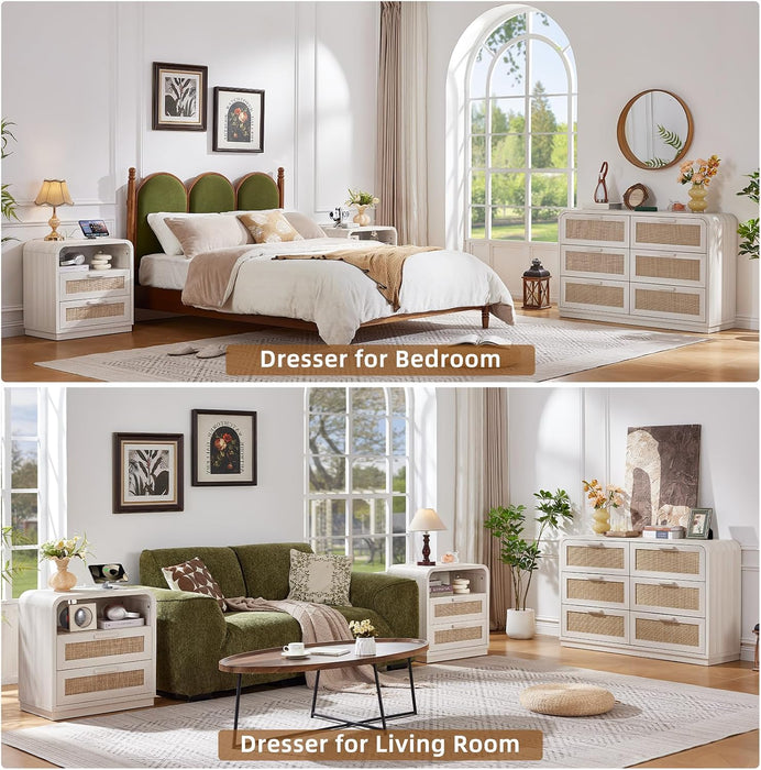 Rattan 6 Drawer Dresser for Bedroom, Grey White