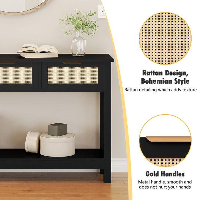 Entryway Console Table with 3 Rattan Drawers - Long Sofa Table behind Couch Modern Fluted Hallway Living Room Storage Cabinet, Entry Table Open Shelf Foyer Furniture, Anti-Tip, Black, 47 Inch