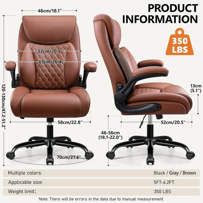 Office Chair, Ergonomic Desk Chair with Lumbar Support for Lower Back Pain Relief, Executive Leather Chair with Padded Flip-Up Armrests and Wheels, Brown