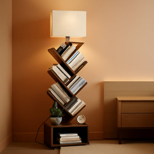 6 Tier Tree Bookshelf with Light, Narrow Bookcase Tower, Tall Floor Standing Book Organizer with Storage Cabinet for Living Room, Bedroom and Home Office, Rustic Brown