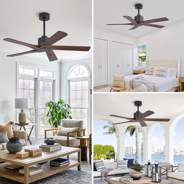 48" DC Ceiling Fan No Light - 5 Carved Solid Wood Blades, 6-Speed Reversible DC Motor, Ceiling Fan without Lights for Living Room Bedroom Kitchen Patio, Indoor and Outdoor, Black and Walnut