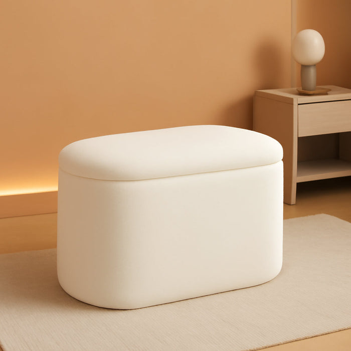 Oval Ottoman with Storage for Living Room, Modern Linen Fabric Foot Stools Ottoman, Upholstered Vanity Stool Foot Rest, Small White Storage Bench for Bedroom, Entryway, Dorm
