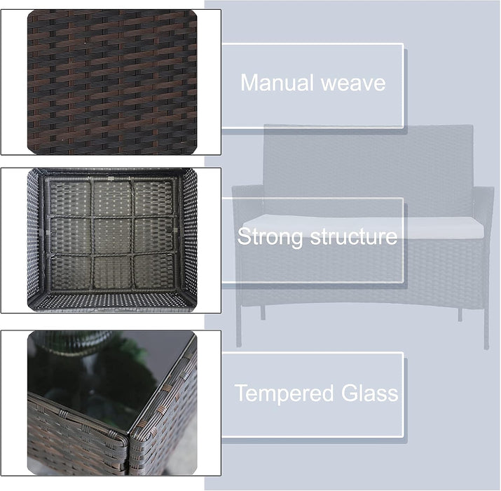 4-Piece Patio Conversation Set Outdoor Furniture with Cushion, Rattan Wicker Chairs, a Sofa and Coffee Table with Tempered Glass Top for Backyard Porch Garden Poolside Balcony (Brown+Beige)