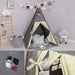 Teepee Tent for Kids Stripe Padded Mat Foldable Dark Tone Grey Play Tents for Girl and Boy with Carry Case Wooden Pole Printing Canvas Tepee Playhouse for Child Indoor Outdoor