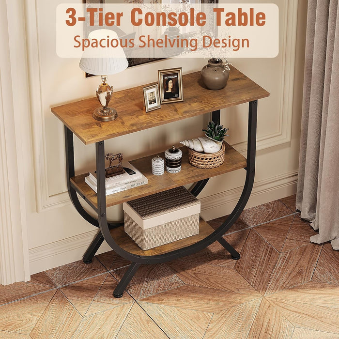 3 Tier Console Table with Storage 30" Height Entryway Table with Open Shelves Industrial Sofa Table behind Couch for Living Room Hallway Entrance (Rustic Brown)