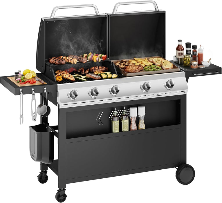 Propane Gas Grill and Griddle Combo with Porcelain-Enameled Cast Iron Grates, Dual Outdoor BBQ Grill with Flat Top Griddle for Barbecue, 696 SQ.IN. Cooking Area