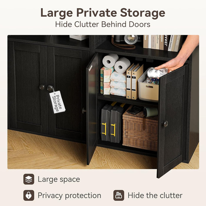 Bookshelf and Bookcase with Doors, Floor Standing 6-Tier Shelf Display Storage Shelves, Tall Bookcases for Home Office, Living Room, Black