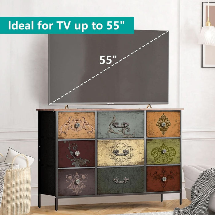 Dresser for Bedroom with 9 Deep Fabric Drawers, Wide TV Stand Storage Cabinet, Colorful Chest of Drawers for Closet, Nursery, Entryway, Hallway