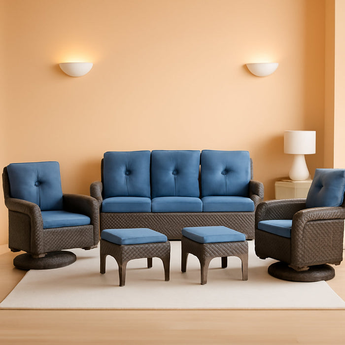 6 Piece Patio Conversation Sets - Wicker Patio Furniture Sets with Outdoor Swivel Rocker Chairs Outdoor Couch Perfect for Patio Deck Backyard, Brown Wicker Blue Cushion