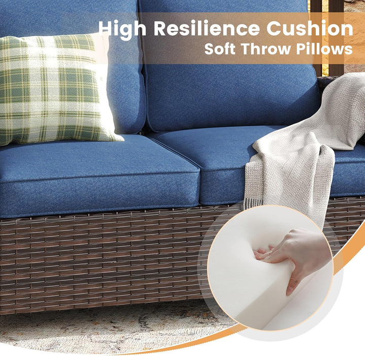 9 Piece Outdoor Patio Furniture Sets,Wicker Conversation Set with 3-Seat Sofa,2 Swivel Chair,2 Side Tables,2 Ottomans,1 Fire Table and 1 Lover Sofa for Garden,Brown Rattan Blue Cushion