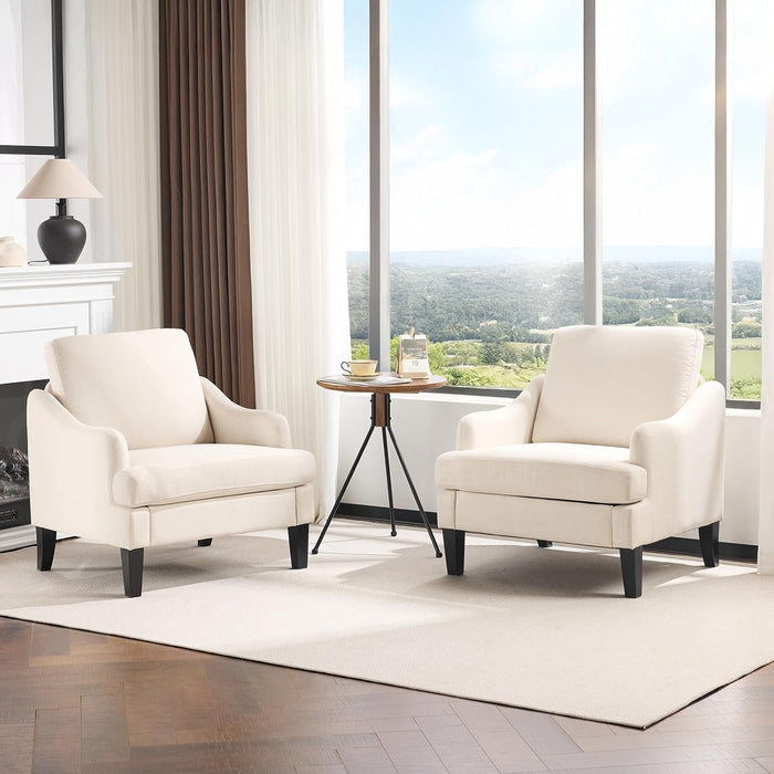 Beige Linen Upholstered Contemporary Accent Armchairs Pair