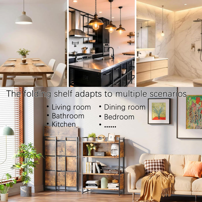 No Assembly 4 Tiers Folding Bookshelf 44.41''H Extra Storage,Rustic Brown