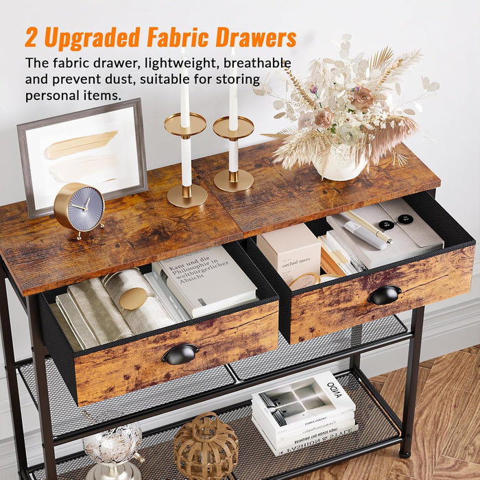 Console Sofa Table with Storage Shelf for Entry Way, Small 30'' Entryway Table with 2 Fabric Drawers, Industrial Display Shelves for Hallway, Entrance, Foyer, Rustic Brown