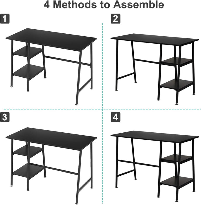 43" Home Office Computer Desk Trestle Desk with 2 Shelves Writing Study Workstation Style Wood Table Metal Frame for Home Office Reversible Storage Desk, Black