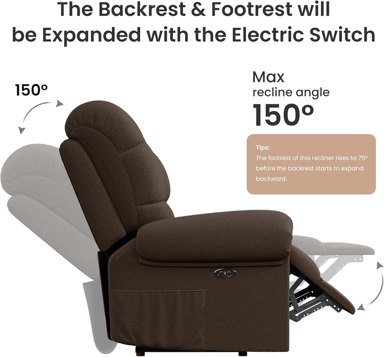 2024 New Power Recliner Chair for Adults, Adjustable Electric Chair Power Reclining Sofa, USB Port, Ultra-Comfy Teddy Fleece Recliner for Living Room, Tool-Less Assembly Single Sofa, Coffee