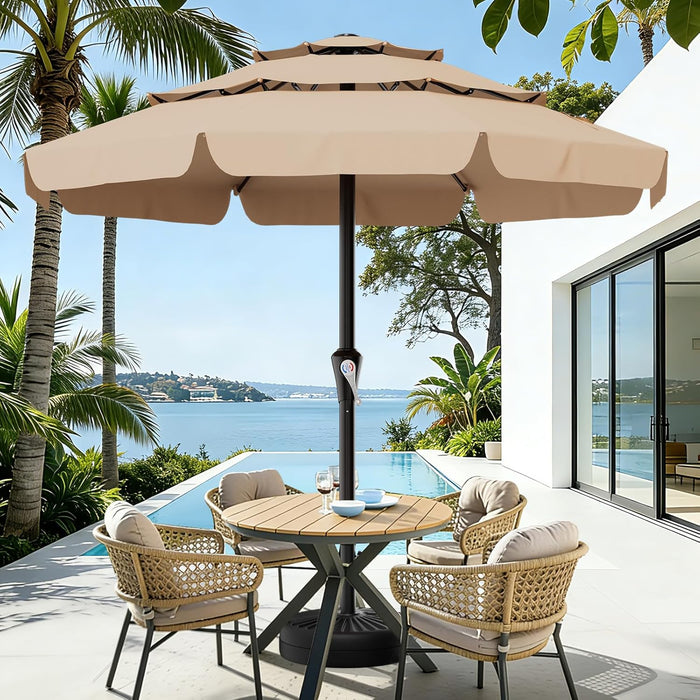 11FT 3-Tiers Patio Umbrella with Valance, Outdoor with Crank, Large Outdoor Market Umbrellas Vented with 8 Sturdy Ribs, Patio Table Umbrellas for Garden, Deck, Backyard, Pool, Beige