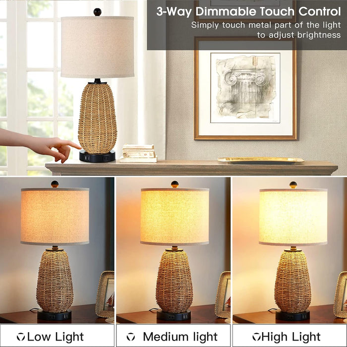 Touch Control Rattan Table Lamps, 3 Way Dimmable Bedside Lamps for Bedroom Set of 2 with 2 USB Ports and AC Outlet, Nightstand Lamps for Living Room (LED Bulbs Included), Grass