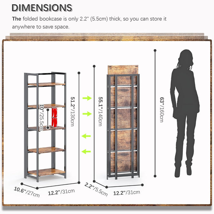 No Assembly Small 5 Tier Folding Bookshelf Compact Storage Shelves Vintage Bookcase Standing Racks for Bedroom Living Room Home Office