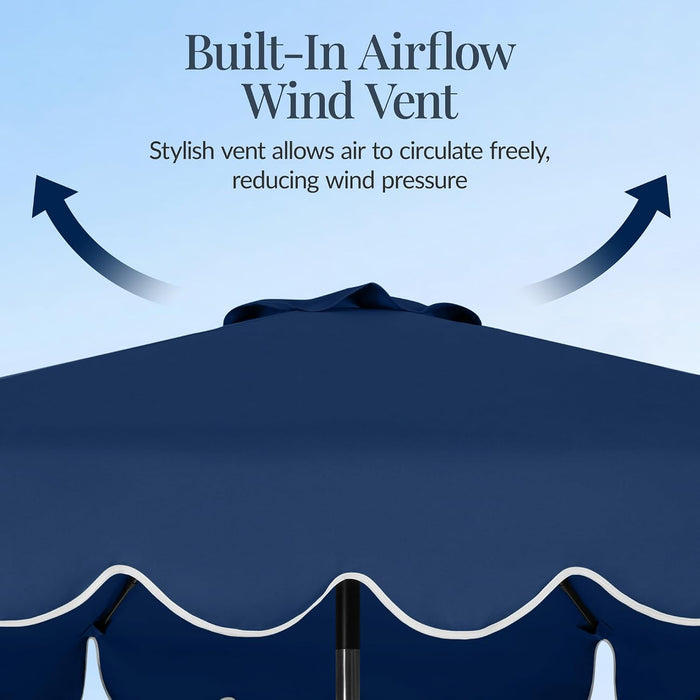 9Ft Patio Market Umbrella with Scallop Trim, Uv-Fade-Resistant 210G Canopy, Crank & Tilt, Wind Vent, Heavy-Duty Frame - Navy
