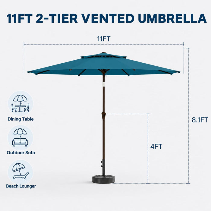11FT Patio Umbrella, 2 Tier Outdoor Table Umbrella, Large Vented Market Umbrellas with Crank Lift, 8 Sturdy Ribs for Backyard, Deck, Pool, UPF50+ UV Protection