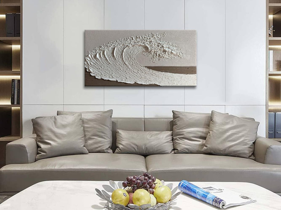 Abstract Ocean Wave Wall Art, White Textured Oil Painting on Canvas, Modern Minimalist Wall Decor