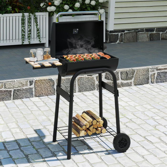 Portable Charcoal Grill with Foldable Side Table, Outdoor BBQ Smoker Grill with Wheels, Thermometer, Adjustable Air Vent, Bottom Shelf, Barrel Barbecue Grills for Patio, Camping & Tailgate