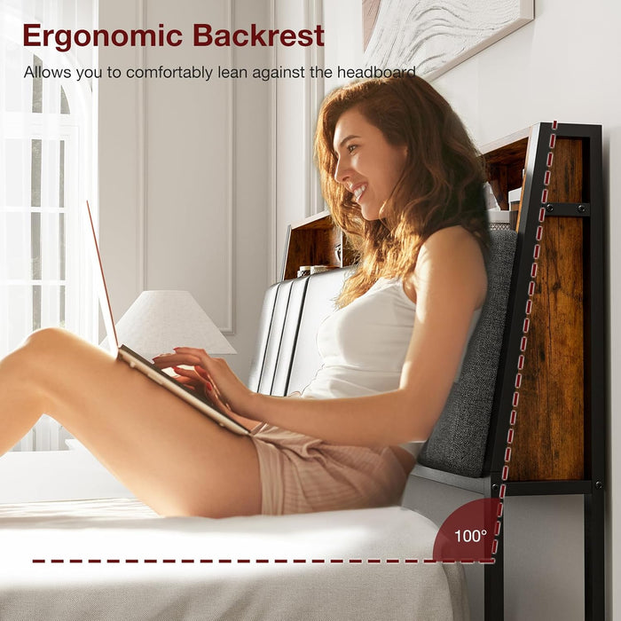 Queen Size Hidden Storage Headboard with LED Lights, Ergonomic Upholstered Queen Headboard Only with Charging Station, 2 Outlets & 2 USB Ports, Easy Assembly, Attach Frame, Dark Grey