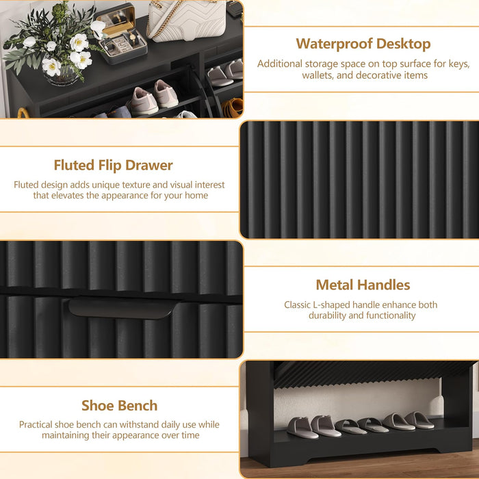 Black Fluted Shoe Cabinet With OpenStorageCompartment